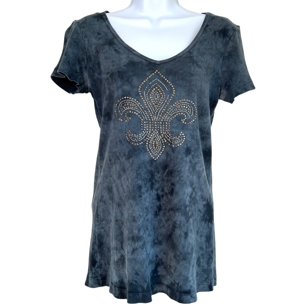 Y2K Vintage Fleur De Lis Rhinestone Long T-Shirt Sz XL Acid Wash Black Goth Alt‎